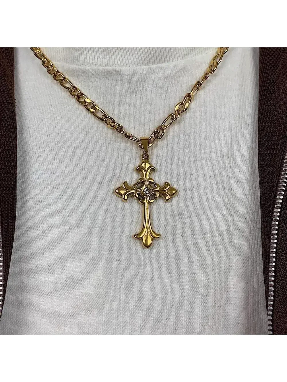 Y2k style Gold Figaro Big Gothic Rhinestone Cross Pendant Necklace. Stainless